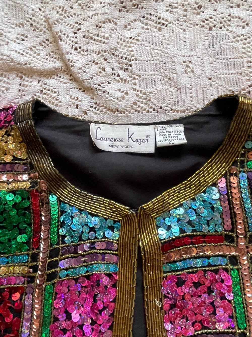 90s Laurence Kazar Multicolor Sequin Patchwork Jacket with Gold Trim - Picture 8 of 13